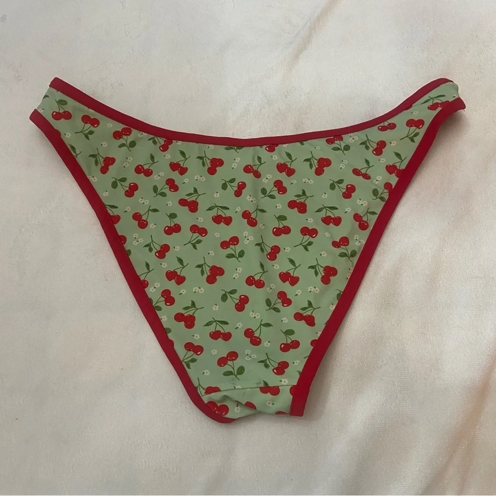 New! Frankie's Bikinis Cherry Print golden hour Bikini Bottoms Green 1102